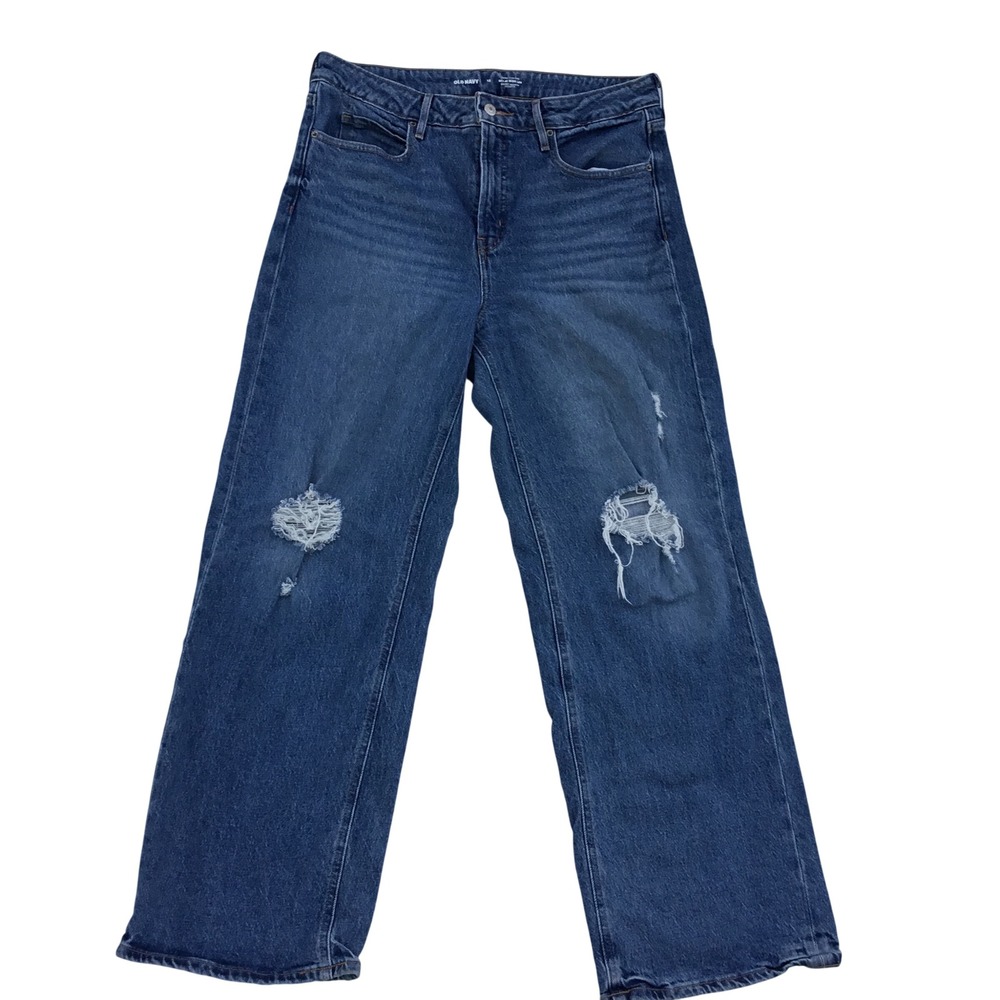 Old Navy Sky-Hi‎ Wide Leg Jeans Extra High Rise Distressed Blue Denim Size 12
